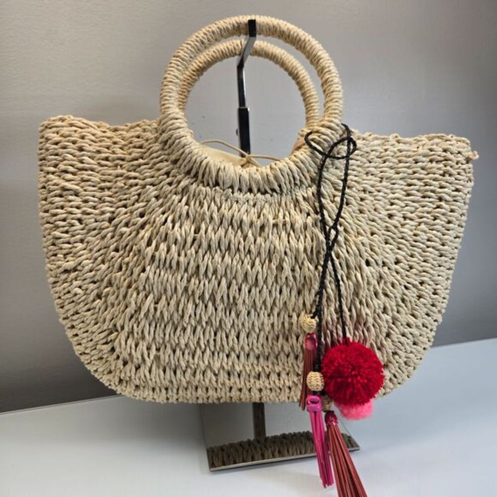 Straw Circle Handle Purse Hand Bag Tote Resort Summer Beach Boho Hippie Festival